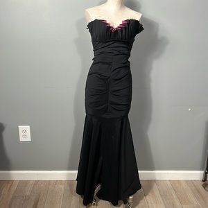 Vintage Betsy & Adam Black stretch taffeta ruched pleated pink bodice gown 4